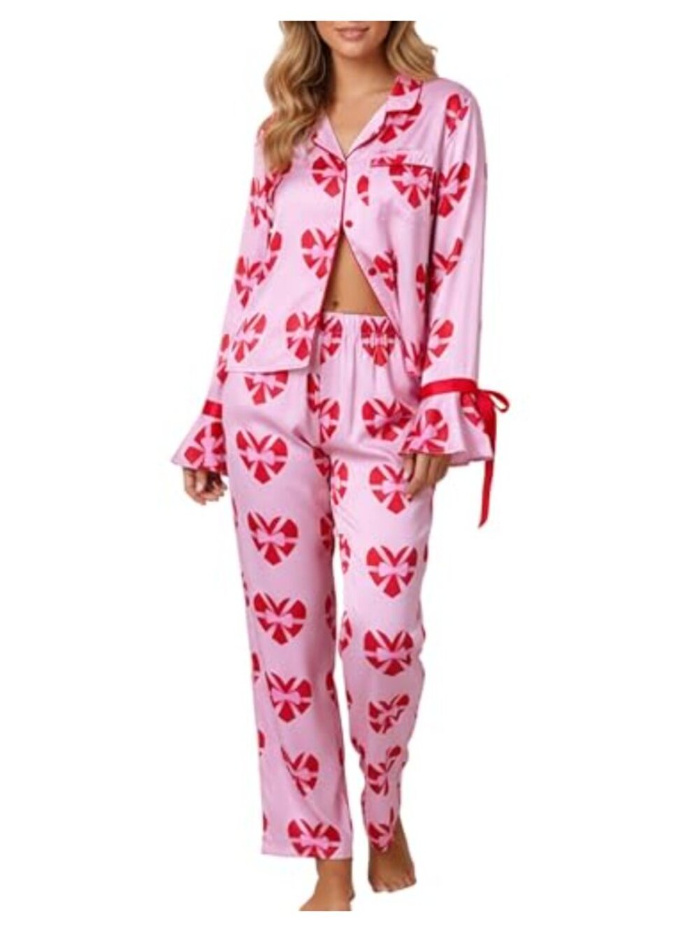 Heart Print Satin Pajama Set 2 Piece Button Down Crop Pants Lounge